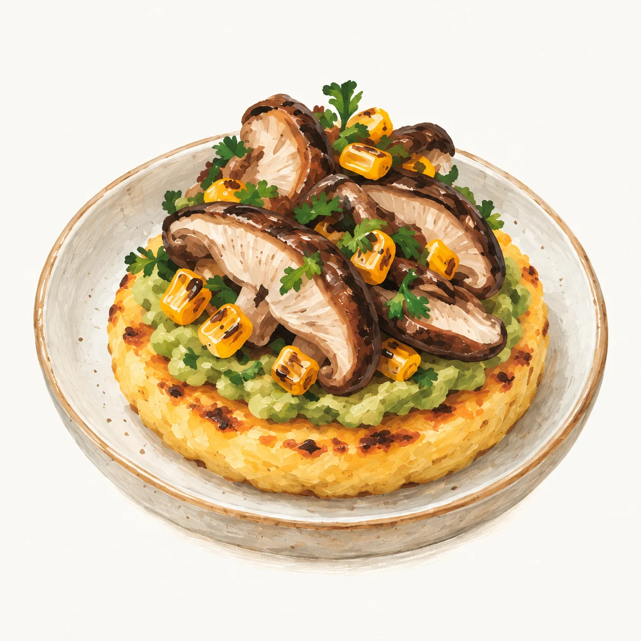 Gouache con lápiz de una arepa con shiitake, maíz y aguacate