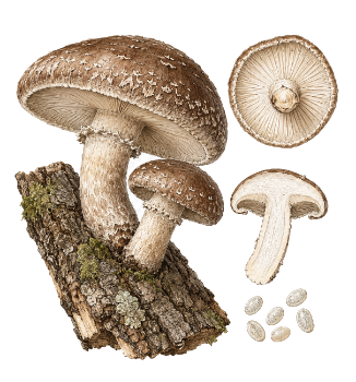 Ilustración de un grupo de shiitakes