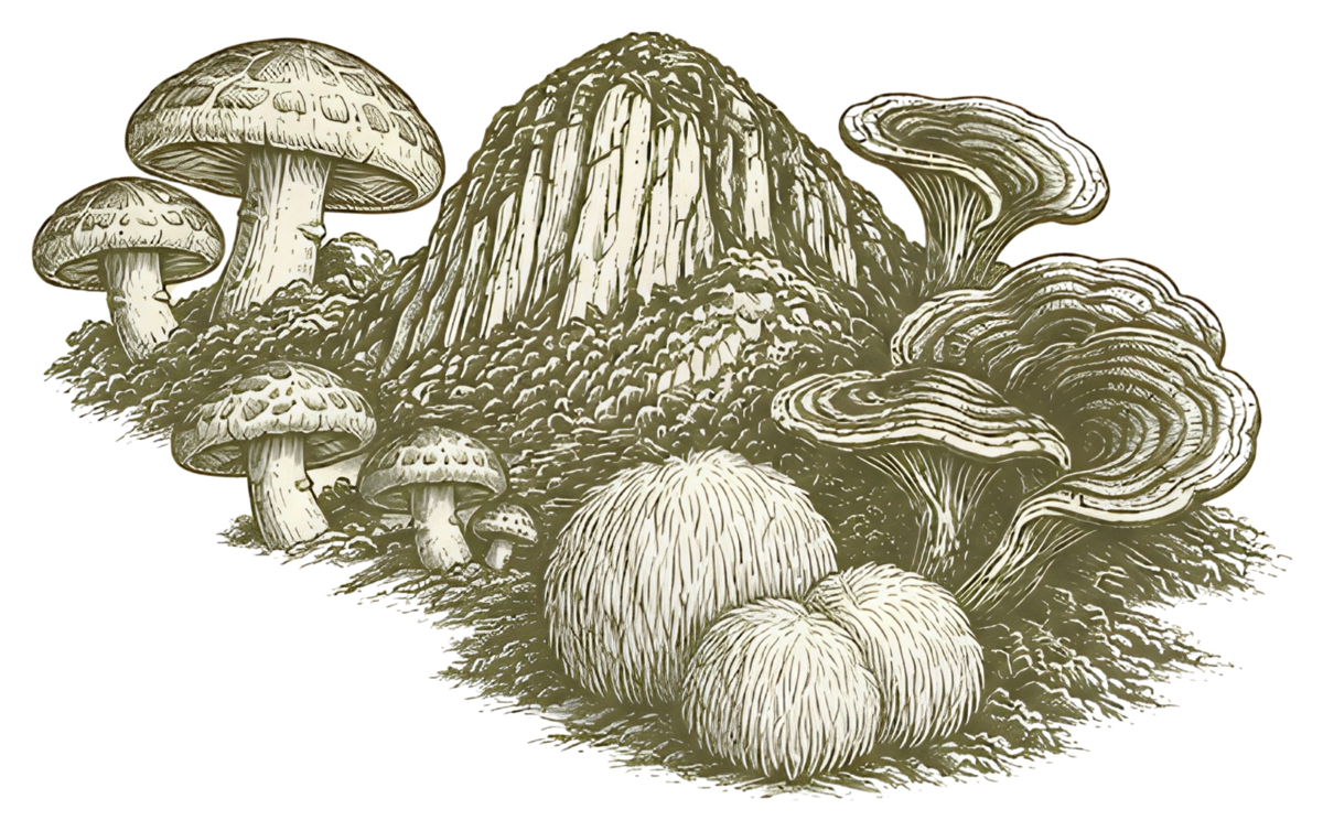 Composición ilustrada de setas alrededor de una montaña