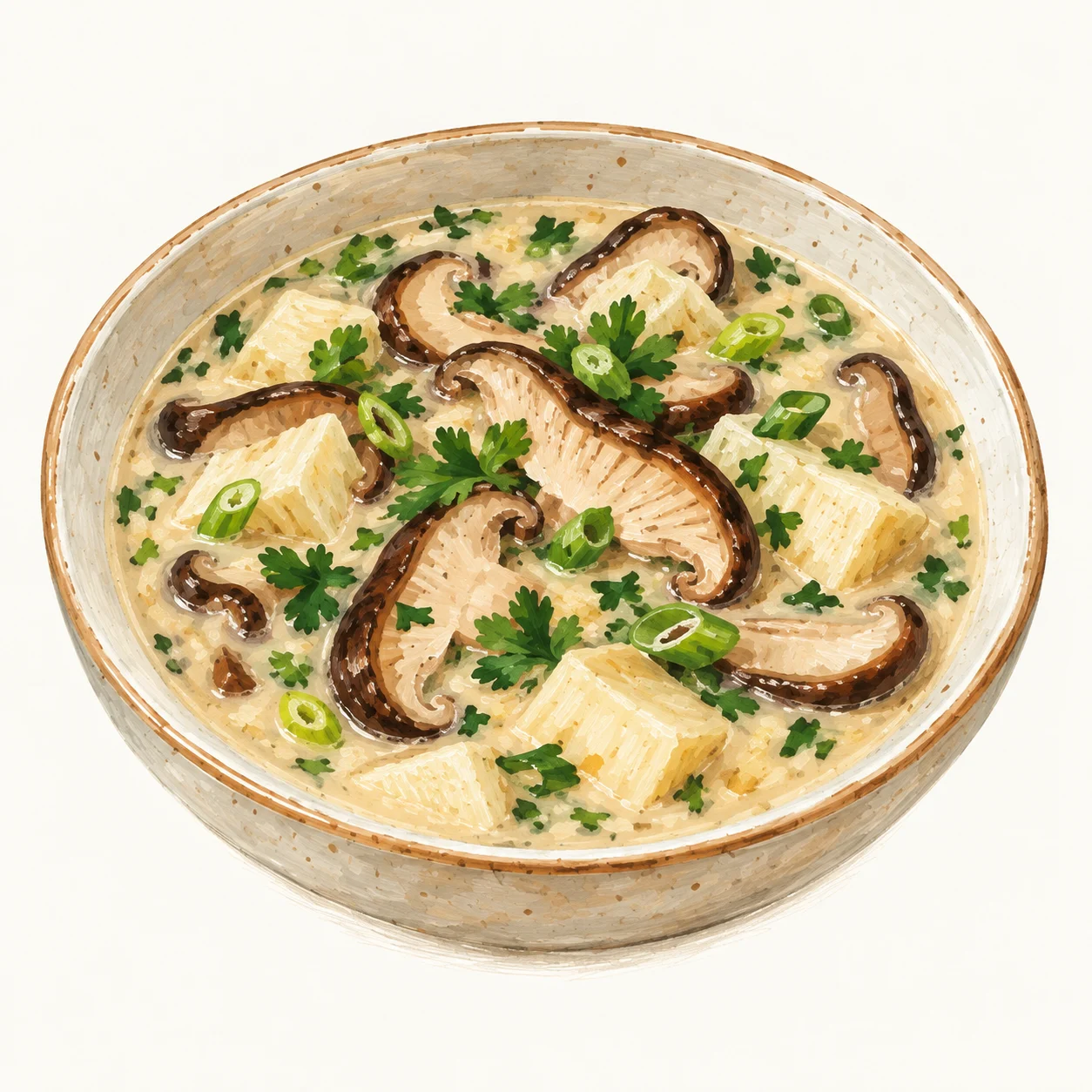 Ilustración de una sopa cremosa con shiitake, cilantro y la yuca opcional
